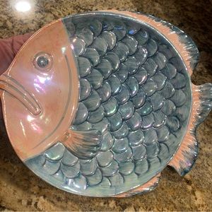 Henriksen Imports Japan Embossed Iridescent coral and turquoise blue fish plate.